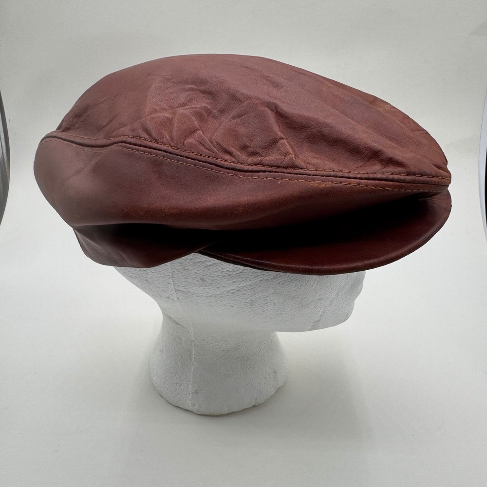 Vtg Mens M Oiled Leather Newsboy Cap Brown Flat Ivy Cabbie Hat USA Union Made